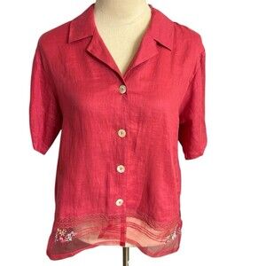 David Dart Collection Linen Embroidered Lace Button Down Short Sleeves Blouse S
